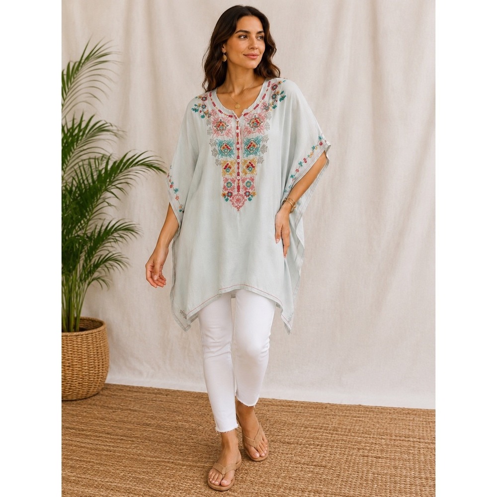 Biya Johnny Was Silk Embroidered Kaftan Top Light Blue Boho Tunic Large